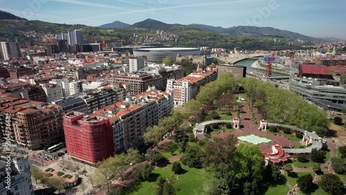 Aerial drone view approaching San Mames football stadium, home of Atletico Bilbao in Bilbao, Basque Country, Spain - home of Atletico Bilbao football club