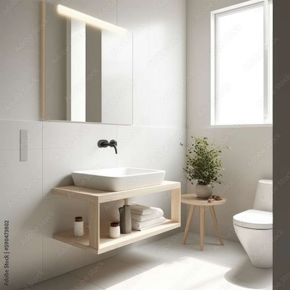 Obraz premium beautiful home interior design powder room contemporary interior design elevation look at counter with basin and dressing mirror home concept, image ai generate