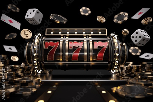 Modern Black, Red And Golden 777 Slot Machine, Chips, Dices, Cards And Coins On Black Background With Neon Lights. Gambling Concept - 3D Illustration