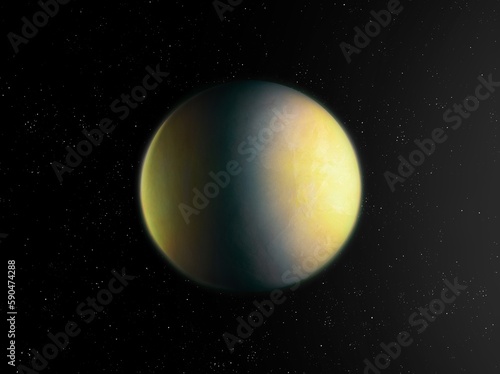 Planet with atmosphere in space, incredible Super-Earth. Far exoplanet from alien star system. Spectacular cosmos background.
