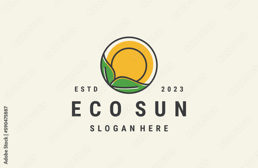 Eco sun logo vector icon illustration hipster vintage retro .