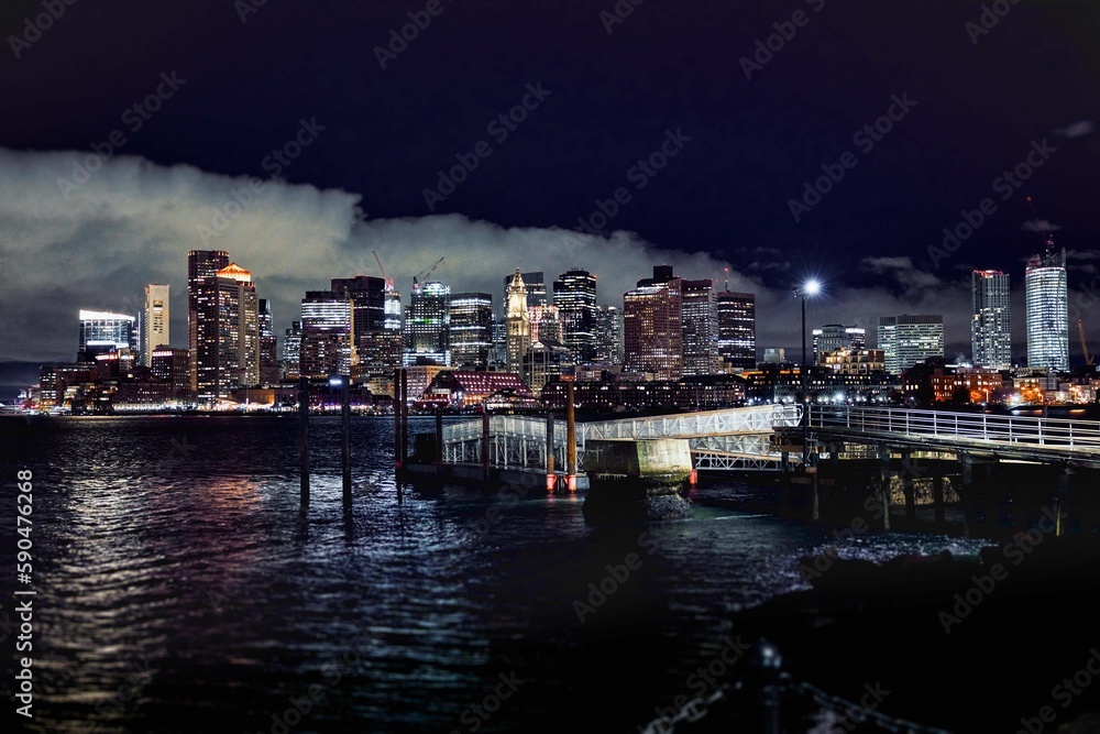 Breathtaking view of the night cityscape by the sea