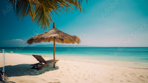 Beach loungers under a parasol at the turquoise sea. Vacation, sun, sea, beach and palm trees. Generative AI © senadesign