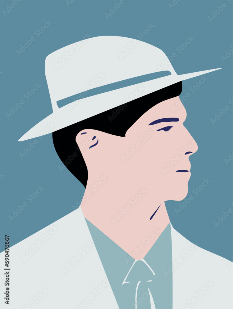 Male with a white hat and costume with blue background