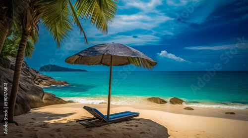 Beach loungers under a parasol at the turquoise sea. Vacation, sun, sea, beach and palm trees. Generative AI © senadesign