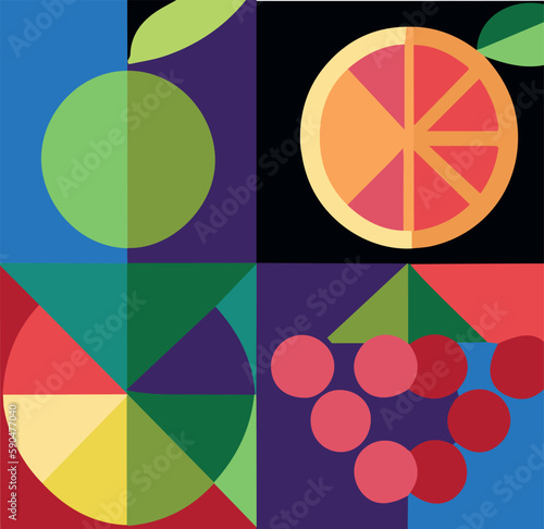 Vector of geometric shaped fruit on colorful background