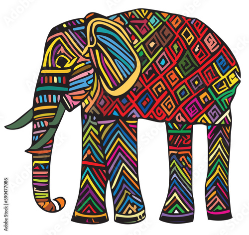 an elephant with colored triangles on it's back and its trunk