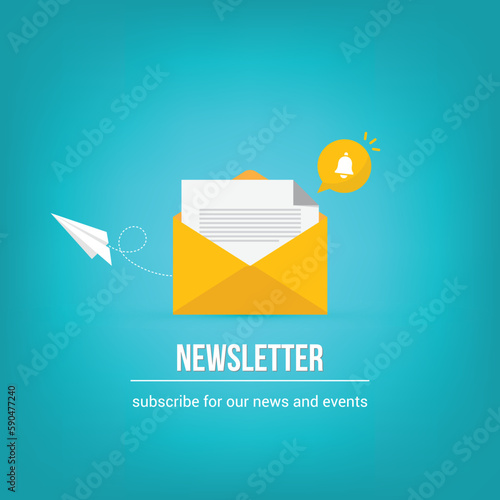 Newsletter. vector illustration of email marketing. subscription to newsletter, news, offers, promotions. a letter and envelope. subscribe, submit. send by mail. 