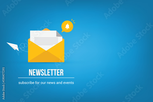 Newsletter. vector illustration of email marketing. subscription to newsletter, news, offers, promotions. a letter and envelope. subscribe, submit. send by mail.	