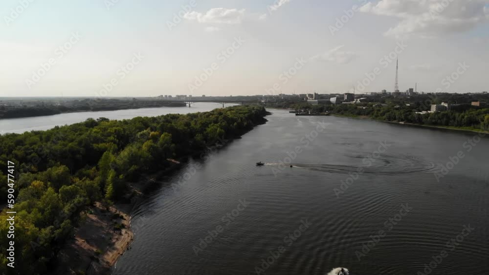 Aerial View of a shipping dock Omsk Irtysh river summer day time Aerial View of a shipping dock Omsk Irtysh river summer day time