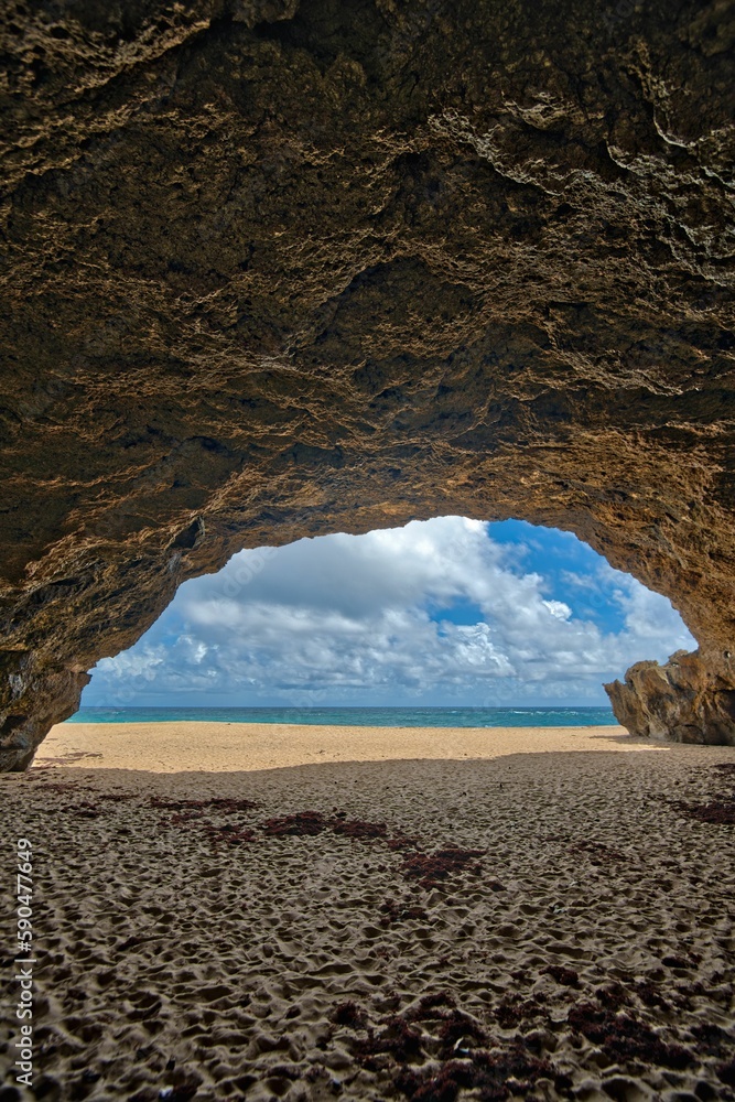Vertical shot of the beach from a cave in sunny weather