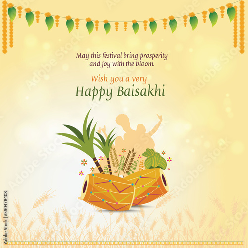 Happy Baisakhi Day, Indian festival Celebration and wishing text on yellow Floral background, Happy Baisakhi Social Media Design Post