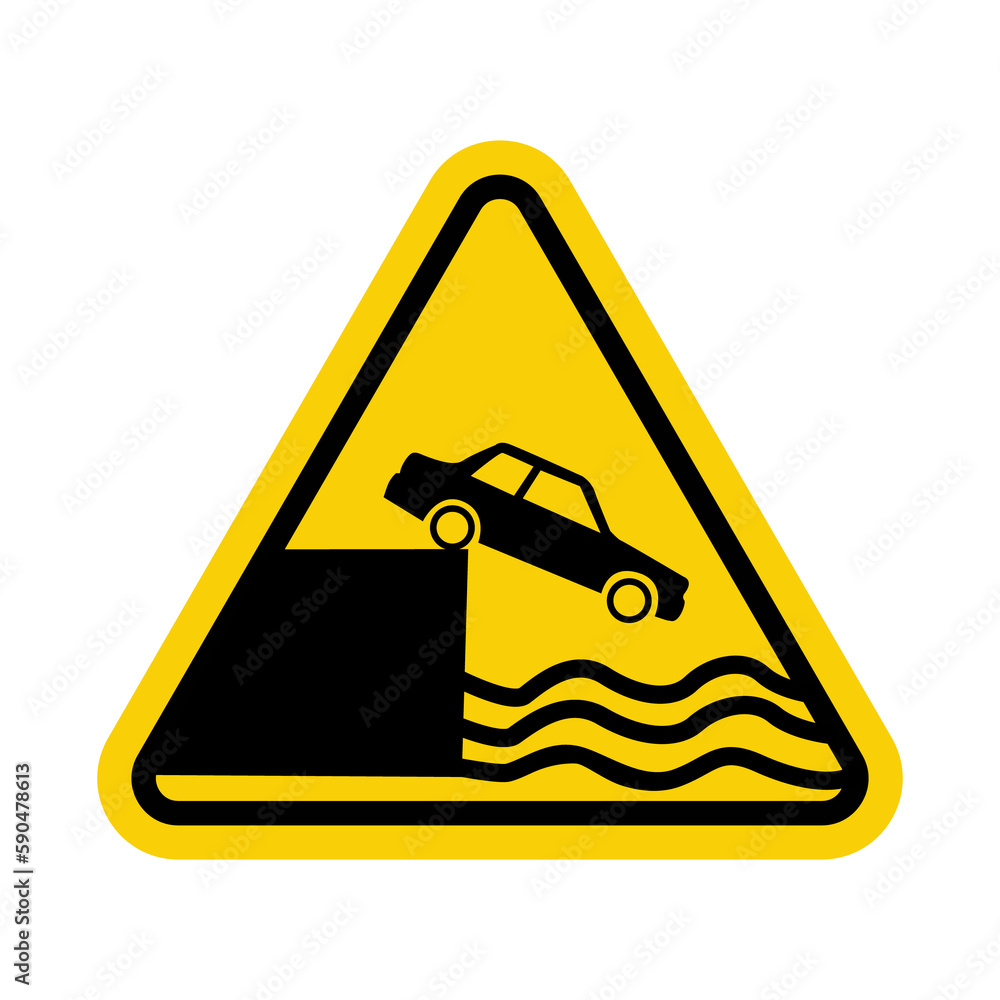 Sign leave to the shore or embankment. Yellow triangle. Warning road