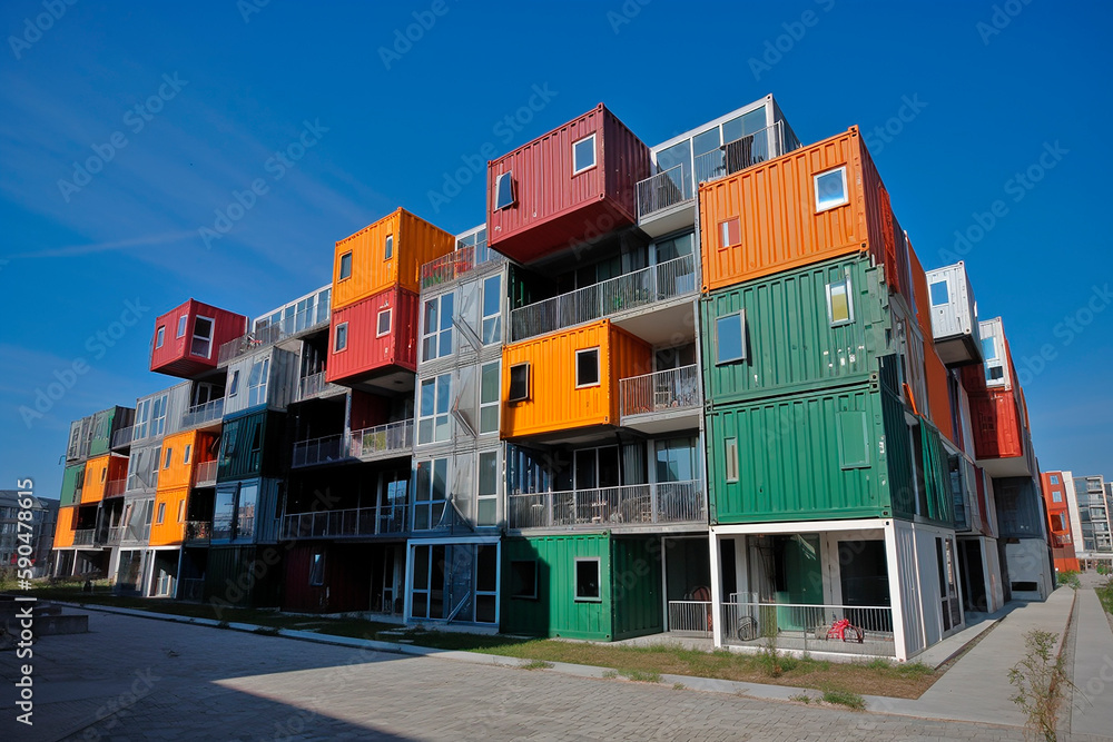 generative ai illustration of colorful Shipping container city block ...