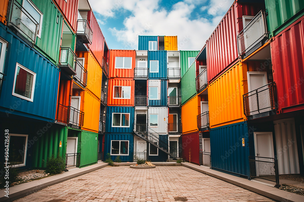 generative ai illustration of colorful Shipping container city block ...
