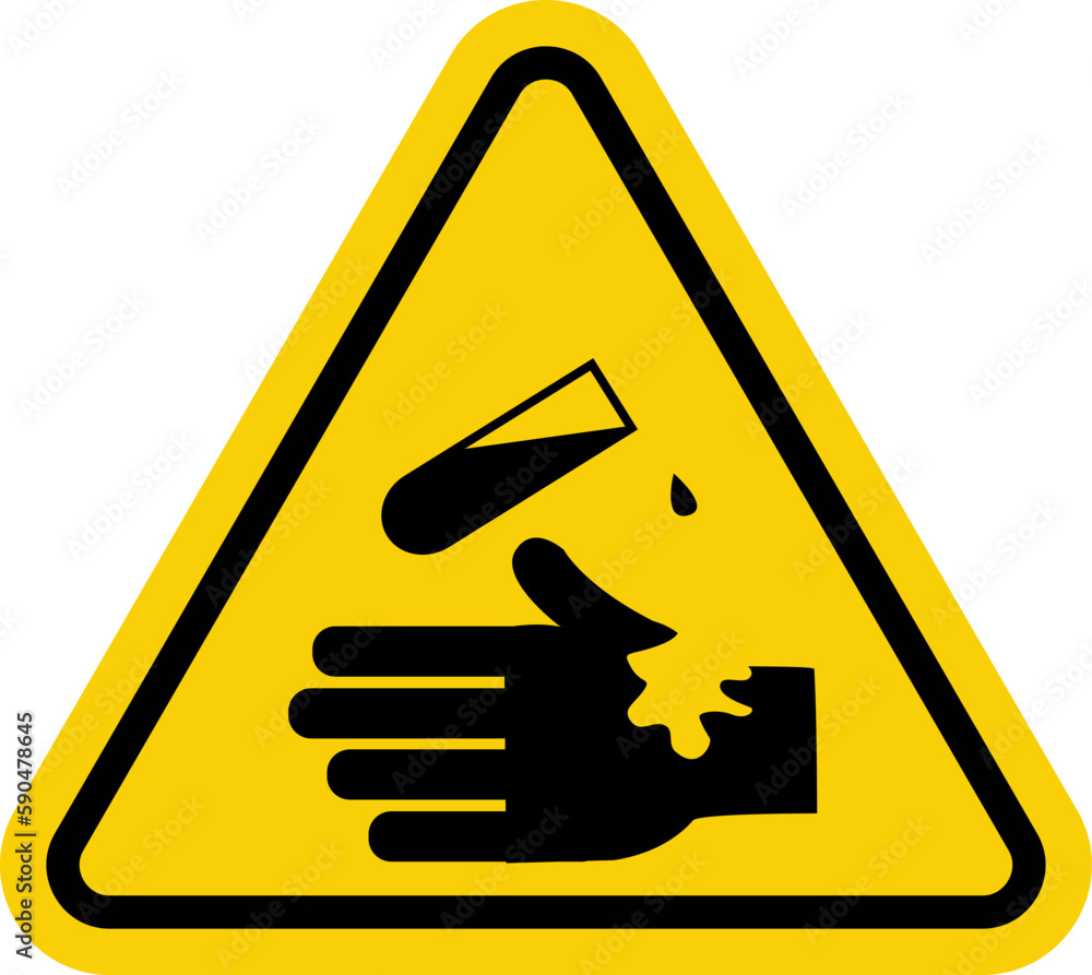 Sign of corrosive substance. Warning sign corrosive substance. Yellow triangle sign with hand icon and test tube inside. Danger, skin burns and eye damage. Sign of corrosive substance. Warning sign corrosive substance. Yellow triangle sign with hand icon and test tube inside. Danger, skin burns and eye damage.