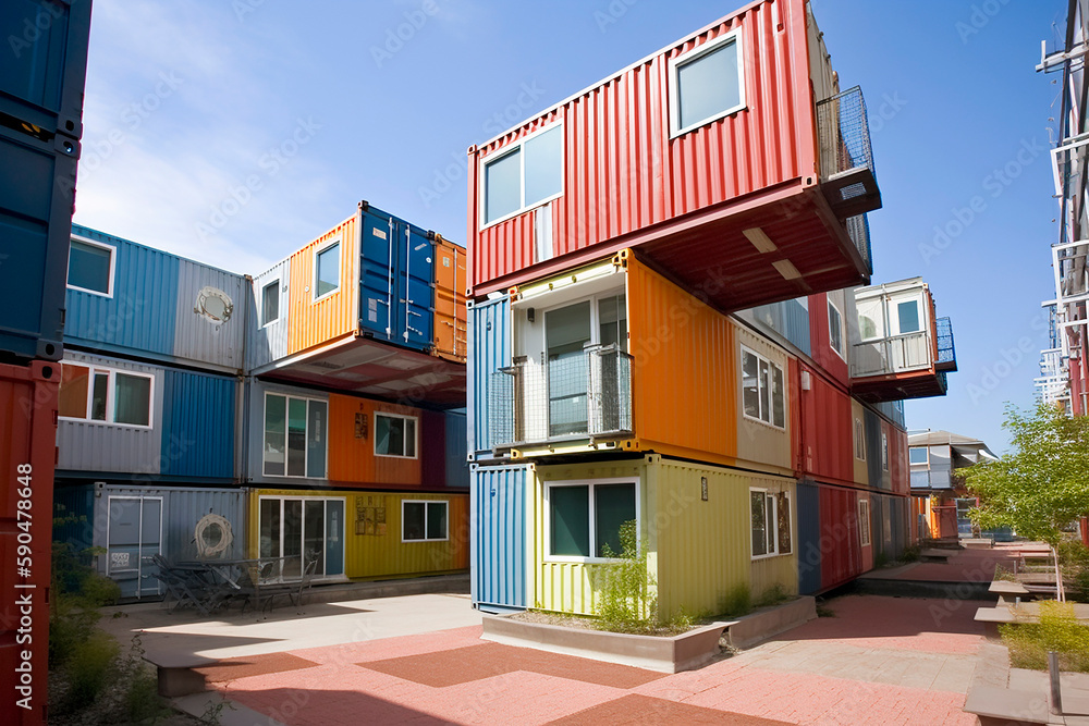 generative ai illustration of colorful Shipping container city block ...