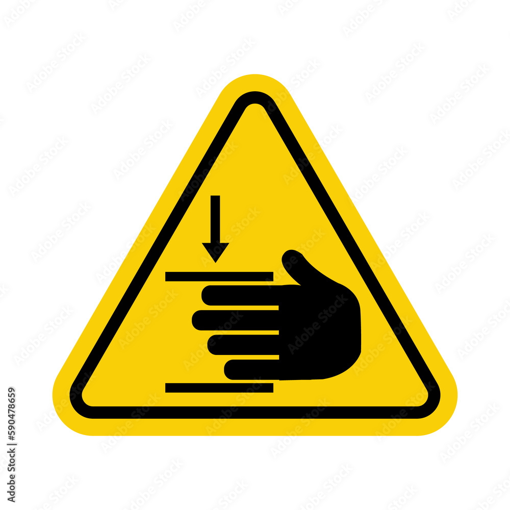 Hand injury sign. Hand crush sign. Hand Pinch Point Sign. Warning sign. Yellow triangle sign with hand icon and pressure inside. Risk of hand injury. The force of crushing hands from above. Hand injury sign. Hand crush sign. Hand Pinch Point Sign. Warning sign. Yellow triangle sign with hand icon and pressure inside. Risk of hand injury. The force of crushing hands from above.