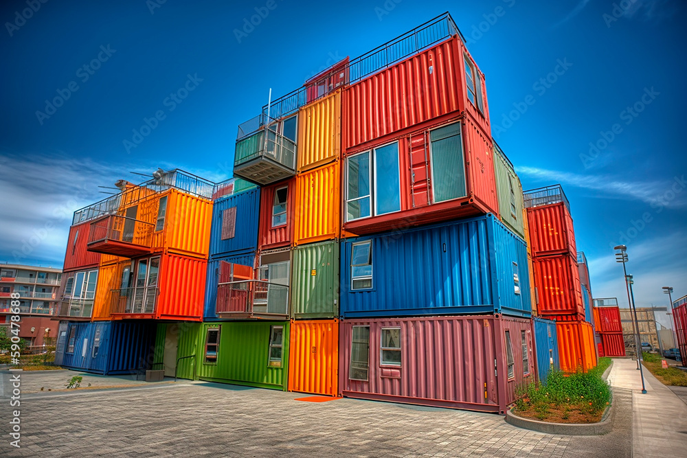 generative ai illustration of colorful Shipping container city block ...