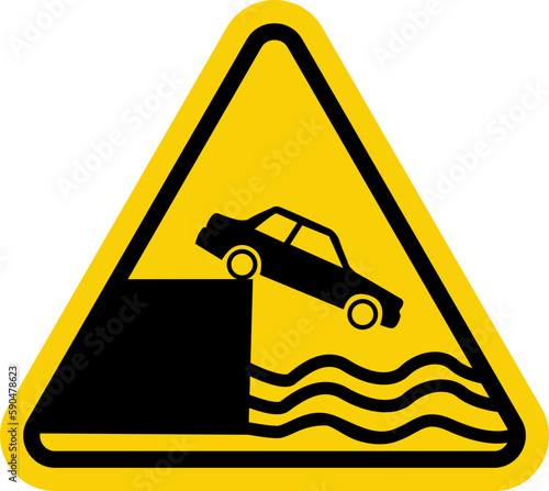 Sign leave to the shore or embankment. Yellow triangle. Warning road sign. The car falls off the slope into the water. Danger zone. Caution, dangerous embankment.