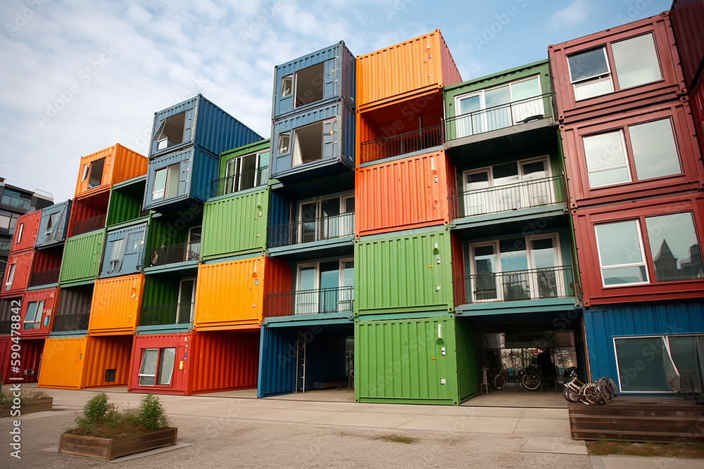 generative ai illustration of colorful Shipping container city block ...