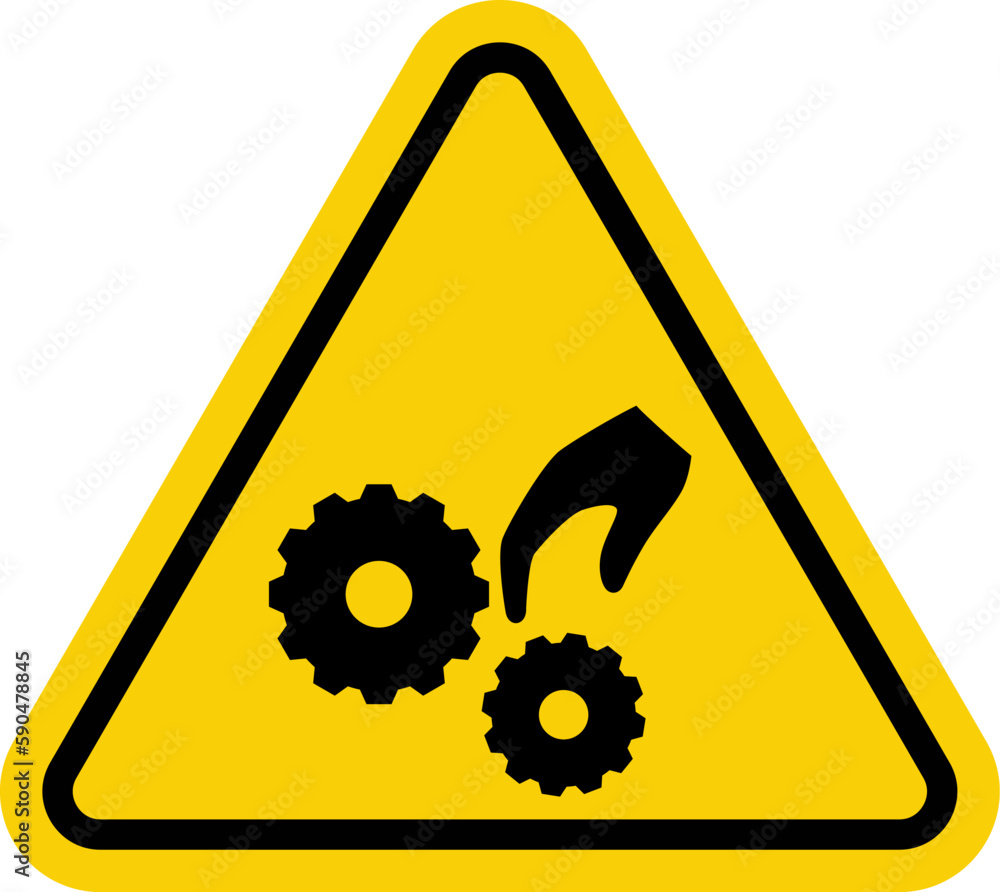 Hand crush sign. Hand injury sign. Pinched hand sign. Warning yellow triangle sign with hand and gear icon. Risk of hand injury. Beware the gear. Hand crush sign. Hand injury sign. Pinched hand sign. Warning yellow triangle sign with hand and gear icon. Risk of hand injury. Beware the gear.
