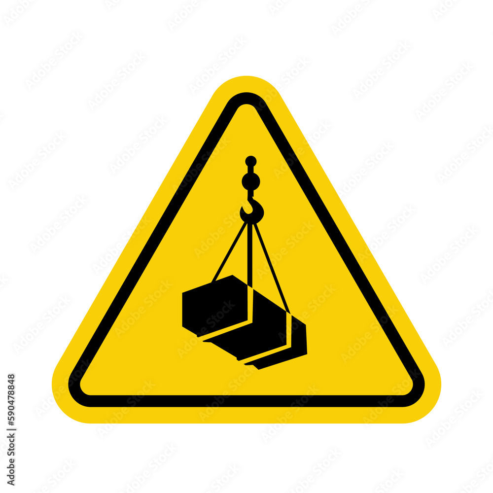 Crane sign. Crane warning sign with suspended load. Yellow triangle ...