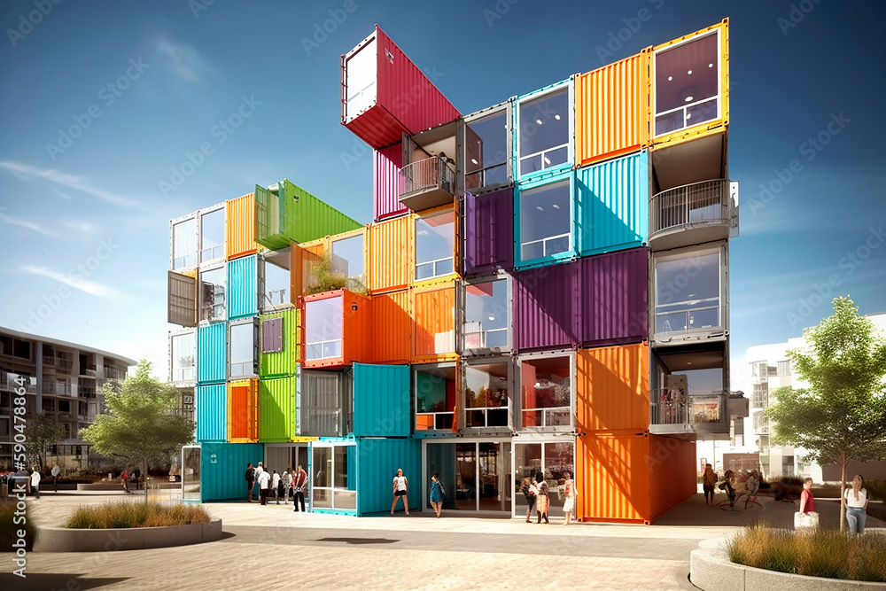 generative ai illustration of colorful Shipping container city block ...