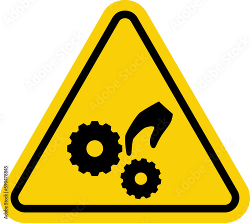 Hand crush sign. Hand injury sign. Pinched hand sign. Warning yellow triangle sign with hand and gear icon. Risk of hand injury. Beware the gear.