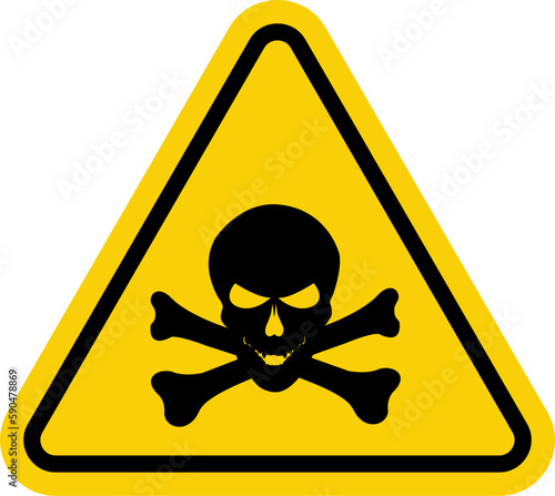 Poisons sign. Warning sign poisonous substances. Yellow triangle sign with skull and crossbones icon. Danger of poisoning by toxic substances. Dangerous area.