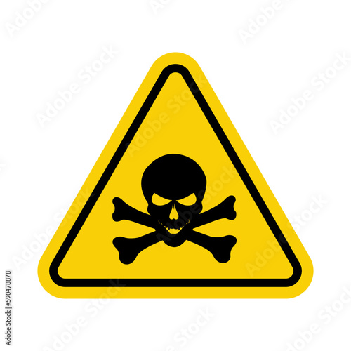 Poisons sign. Warning sign poisonous substances. Yellow triangle sign with skull and crossbones icon. Danger of poisoning by toxic substances. Dangerous area.
