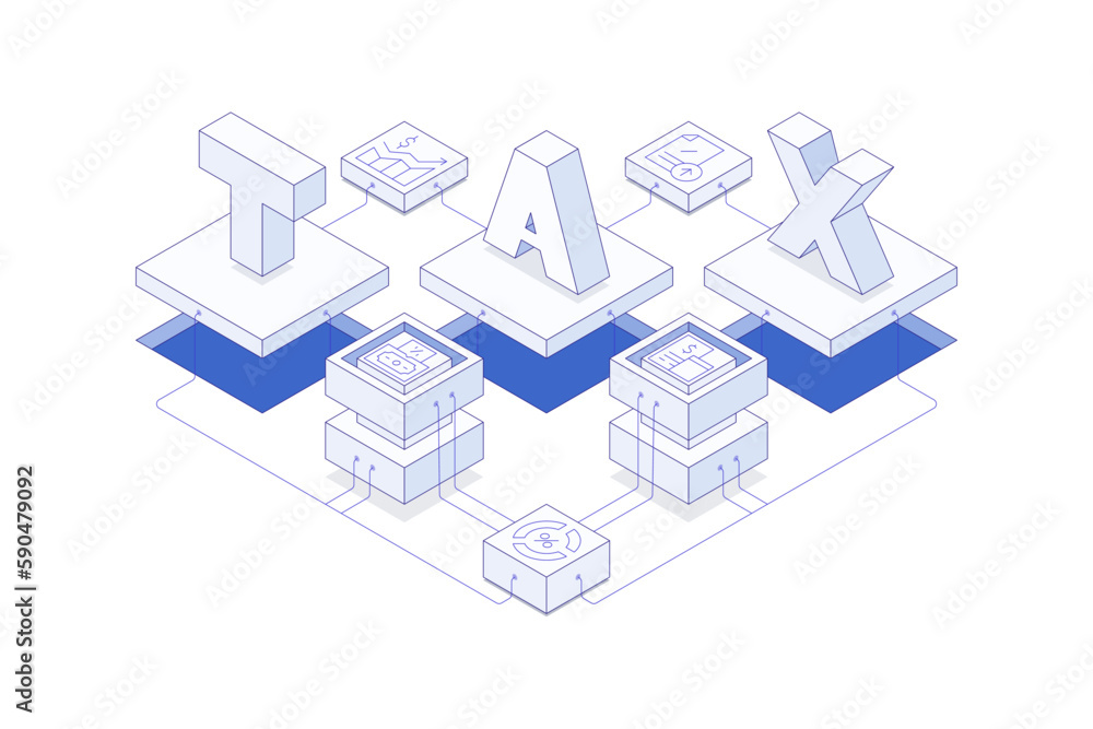 TAX letters in isometric vector modern illustration, with blue thin line on white halftone background. TAX 3D illustration. Isometric vector illustration.
