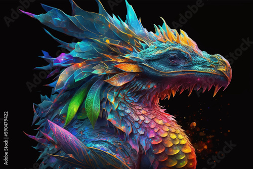 Head of Multicolored Fantasy Dragon. Mythological creatures. Fantastic monster. Ancient reptile. Black background. Illustration