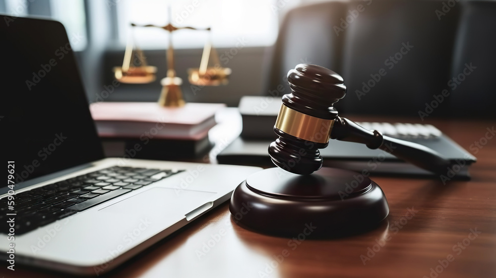 Judge's gavel and laptop in courtroom. Based on Generative AI Judge's gavel and laptop in courtroom. Based on Generative AI
