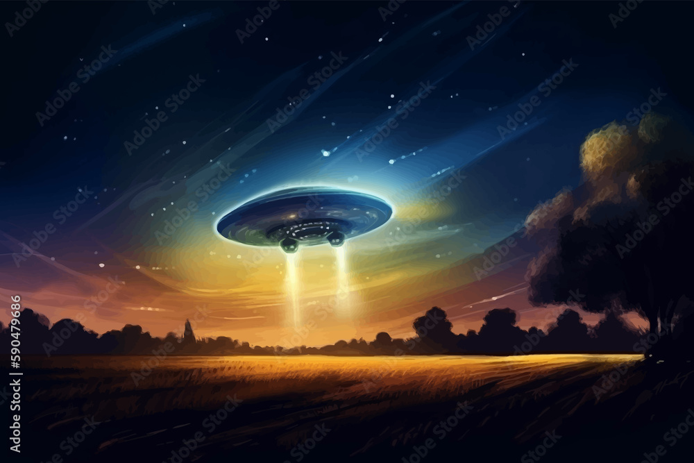 Alien flying saucer over a wheatfield at night. UFO Sighting Over the Field. Fantasy landscape. 3D vector illustration. Image. Digital painting. Alien flying saucer over a wheatfield at night. UFO Sighting Over the Field. Fantasy landscape. 3D vector illustration. Image. Digital painting.