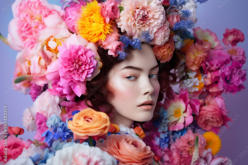 summer woman vogue portrait fashion peony spring art bouquet flower beauty. Generative AI. summer woman vogue portrait fashion peony spring art bouquet flower beauty. Generative AI.