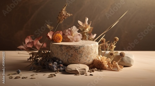 Spa composition with dried flowers and stones displat stand on light background, closeup. generative ai photo