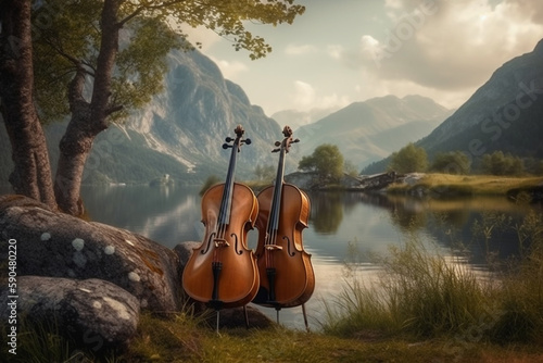 cello musical instruments in a beautiful landscape Generative AI