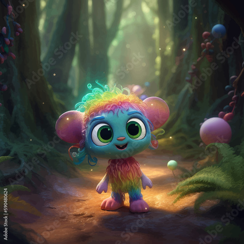 Super Cute little rainbow colored monster in the forest. Funny cartoon character with big eyes. Fantasy. 3D vector illustration. Image. Digital painting.