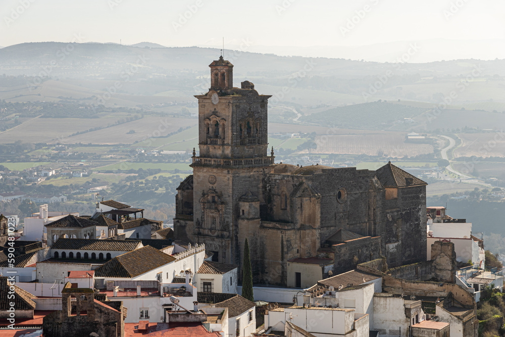 Arcos de la Frontera, Spain. Main facade and tower of the Iglesia de San Pedro (St Peter Church), one of the landmarks of the Old Town