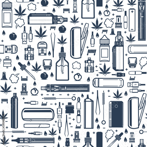 Seamless pattern of icons of electronic cigarettes and accessories. Background for vape shop. Vector illustration. Vape, liquid, cannabis leaf icons. Dark silhouettes on a white background. Vector.