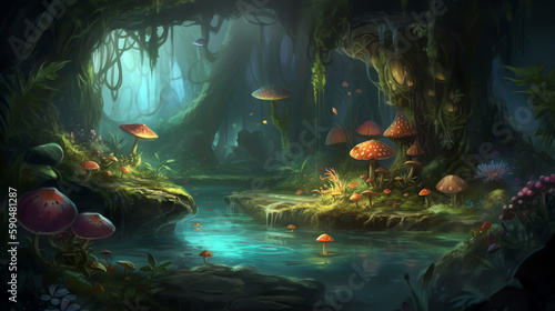 Underground lake and swamp full of mushrooms - Generative AI