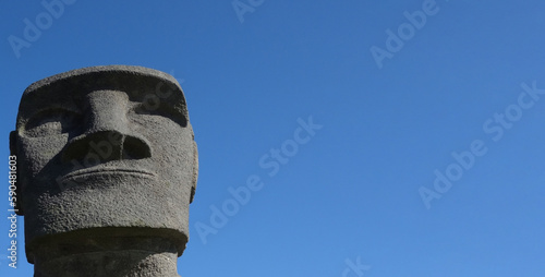 close up head view of replica Chile Easter Island Rapa Nui Moai Statues Ahu Akivi at Sun Messe Nichinan, Miyazaki, Japan photo