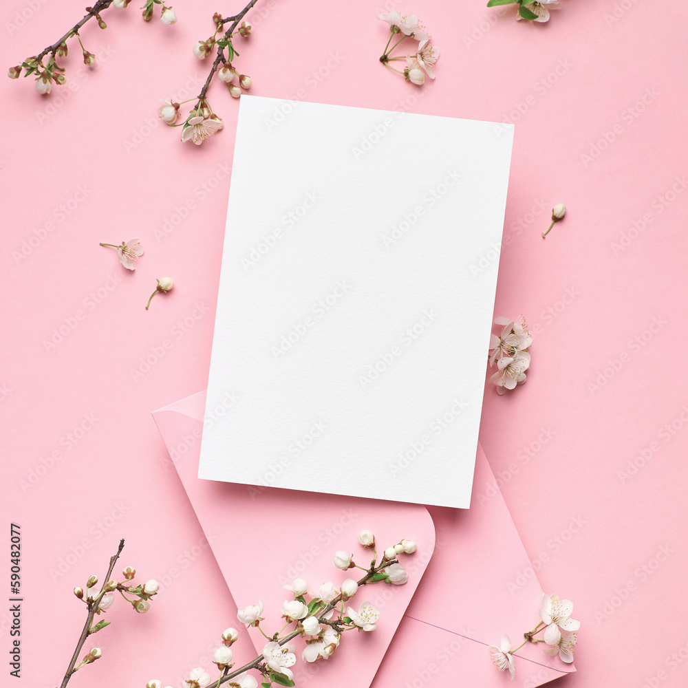 Invitation or greeting card mockup with white flowers on pink background - obrazy, fototapety, plakaty 