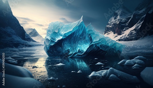 Block of ice in the water against the background of icebergs by Generative AI