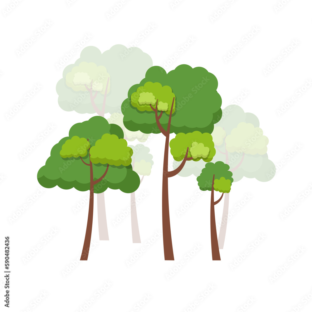 Fototapeta premium Green trees flat vector illustration. Beautiful green leaves isolated on white