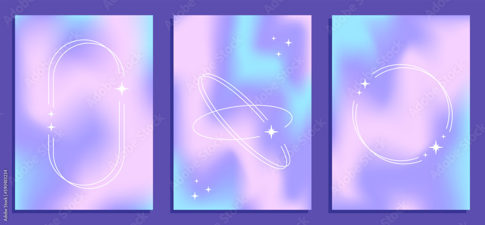 Y2k three vector gradient backgrounds with white frames with stars, retro collection graphic design elements.
