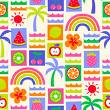Cute hand drawn summer elements grid styled pattern background.