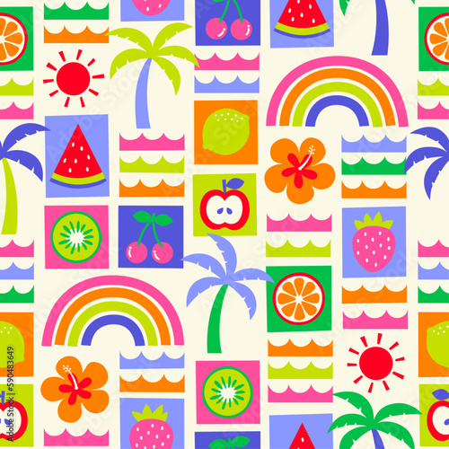 Cute hand drawn summer elements grid styled pattern background.