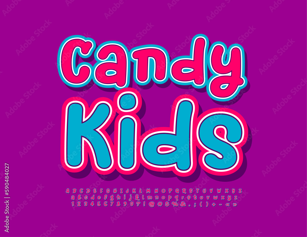 Vector bright poster Candy Kids. Funny colorful Font. Creative set of Alphabet Letters and Numbers